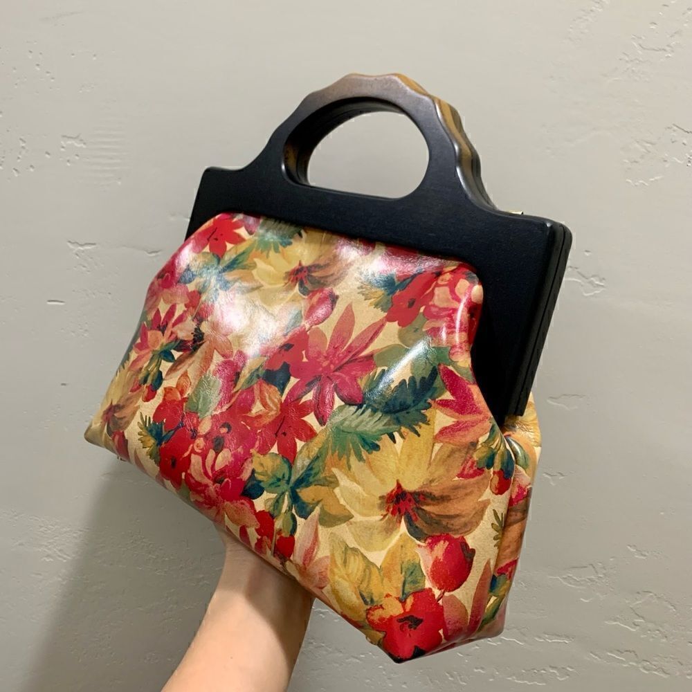 Handmade Genuine Leather Floral Print Large wooden Frame Bag & 2 Strap Styles - Picture 12 of 15
